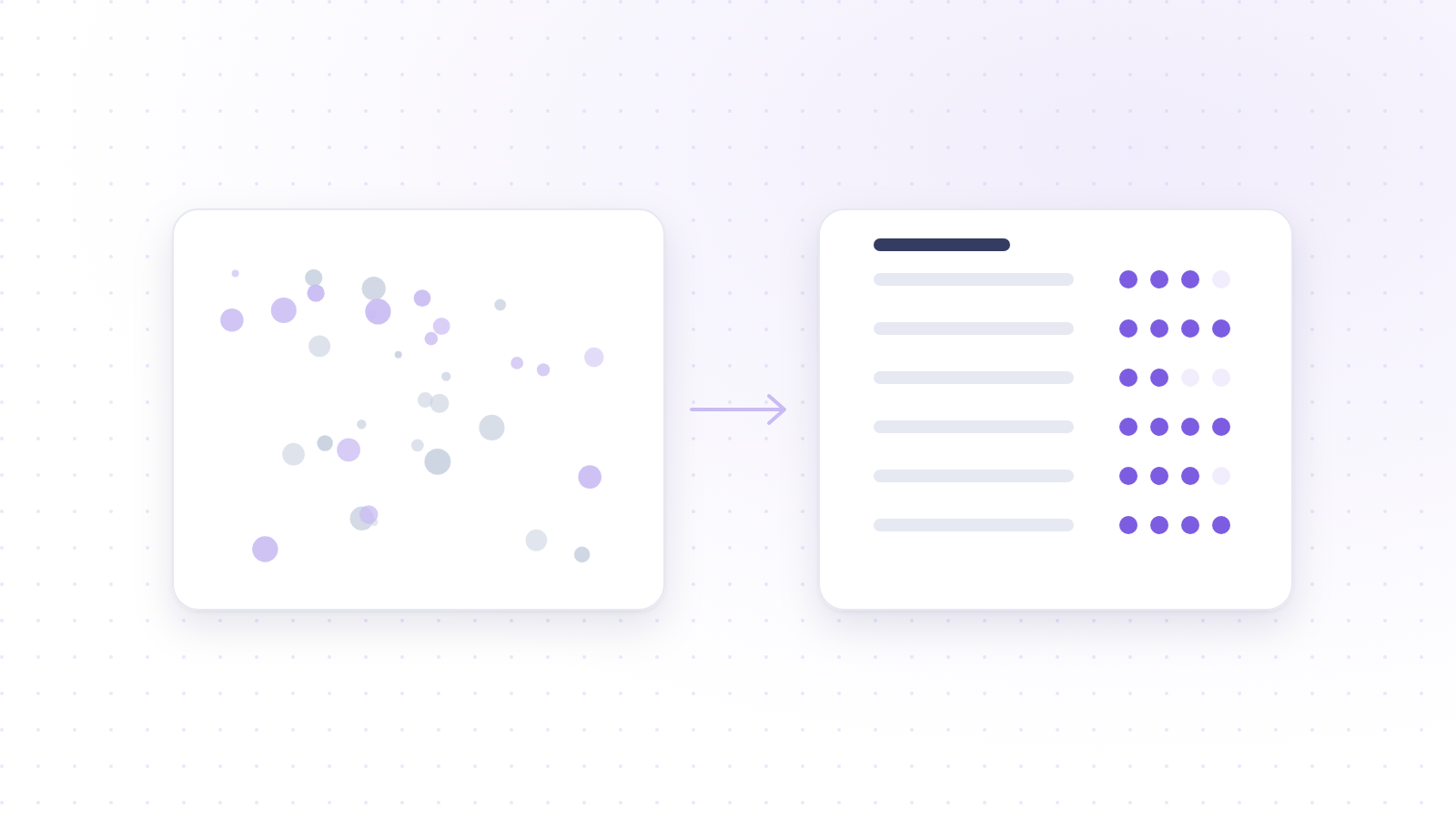 Abstract illustration contrasting scattered dots on one side with neatly aligned rows on the other